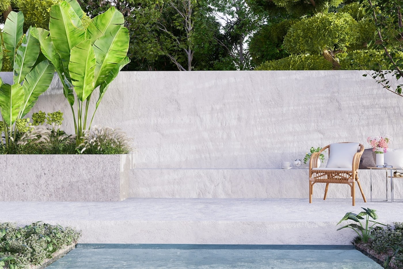 minimalist garden with pool and chair