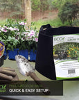 Gardening tools and an Ecogardener round grow bags in the table